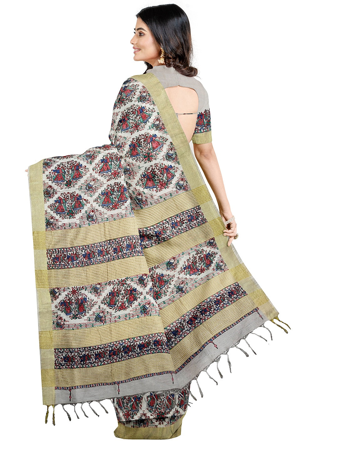 Handpainted Madhubani Kota Silk Saree in White with Zari Border